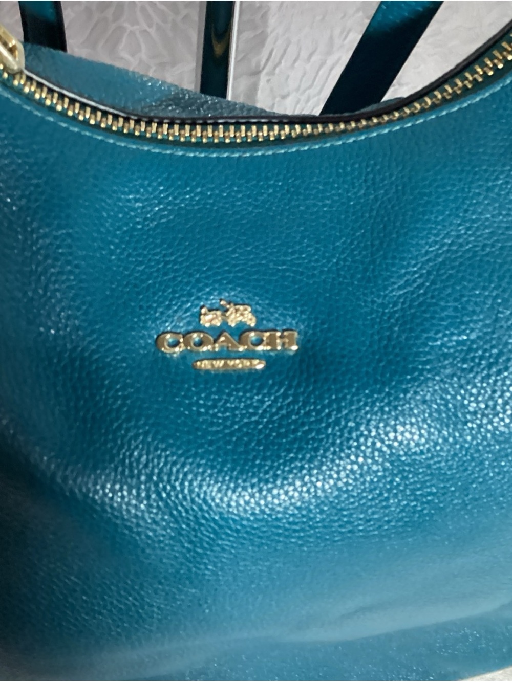 COACH Teal Pebbled Leather Harley East West Hobo Bag with Charm & Long Strap EUC - Picture 2 of 15